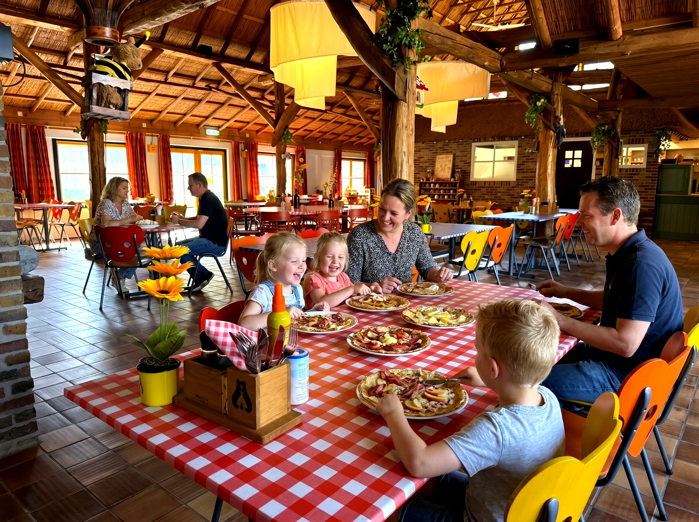 Gezinnen genieten van pannenkoeken in het sfeervolle restaurant van Het Bommelhoes